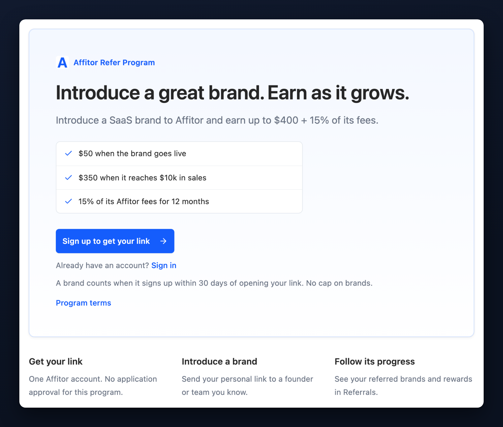 Affitor referral page with signup, sign-in and steps for getting a personal referral link
