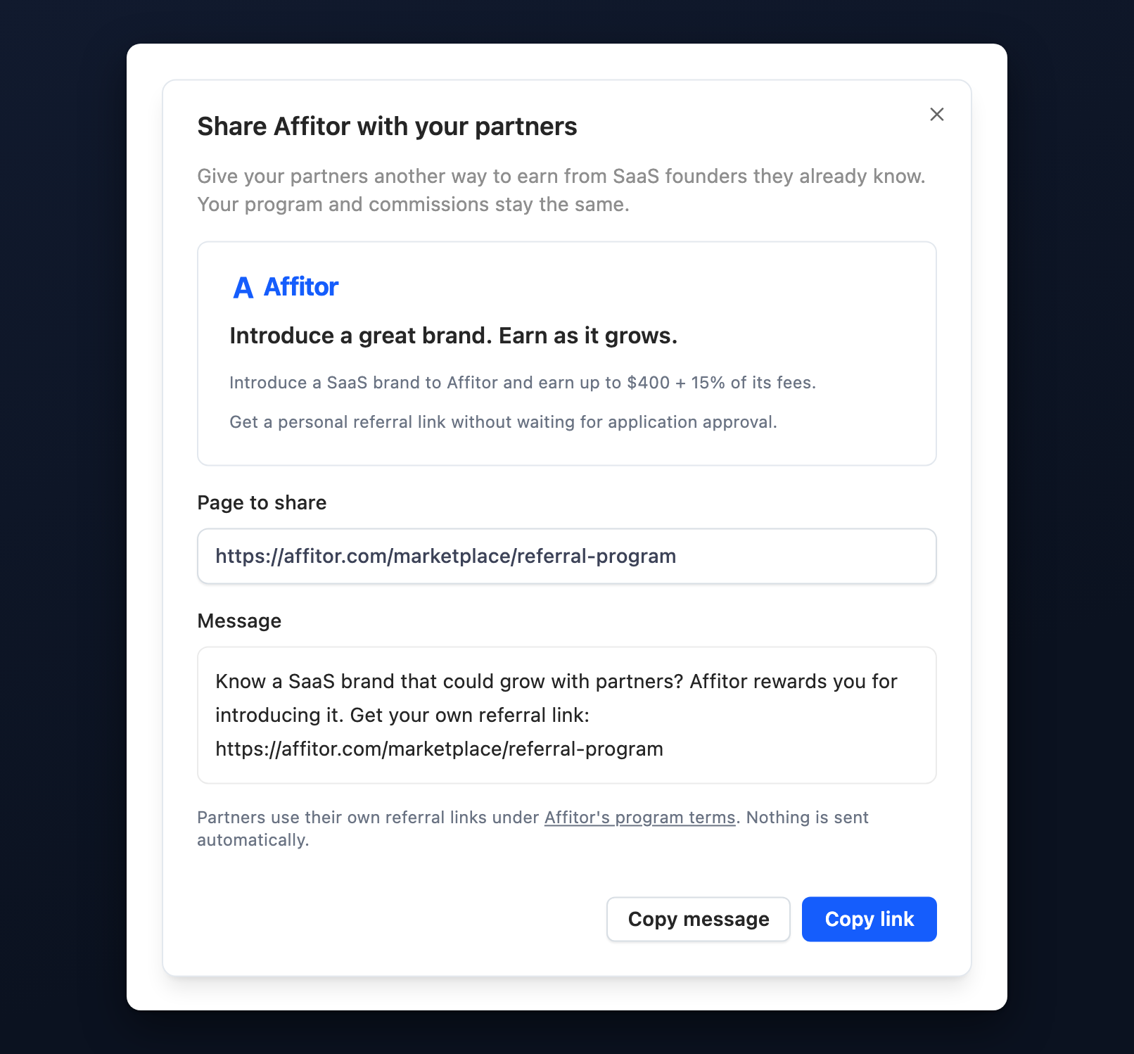 Share Affitor dialog with the public opportunity link and a message for partners