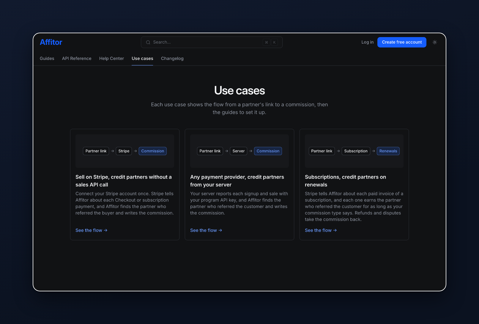 The Use cases page with three cards, each showing its flow from a partner link to a commission