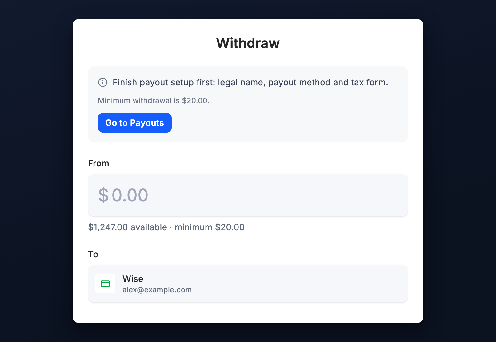 The Withdraw page with the available amount, the $20 minimum and a prompt to finish payout setup